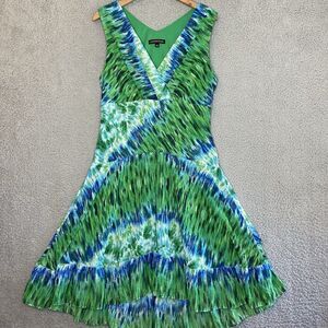 Chris McLaughlin Watercolor Artsy Print Green Blue Dress Womens Sz 16 Lined